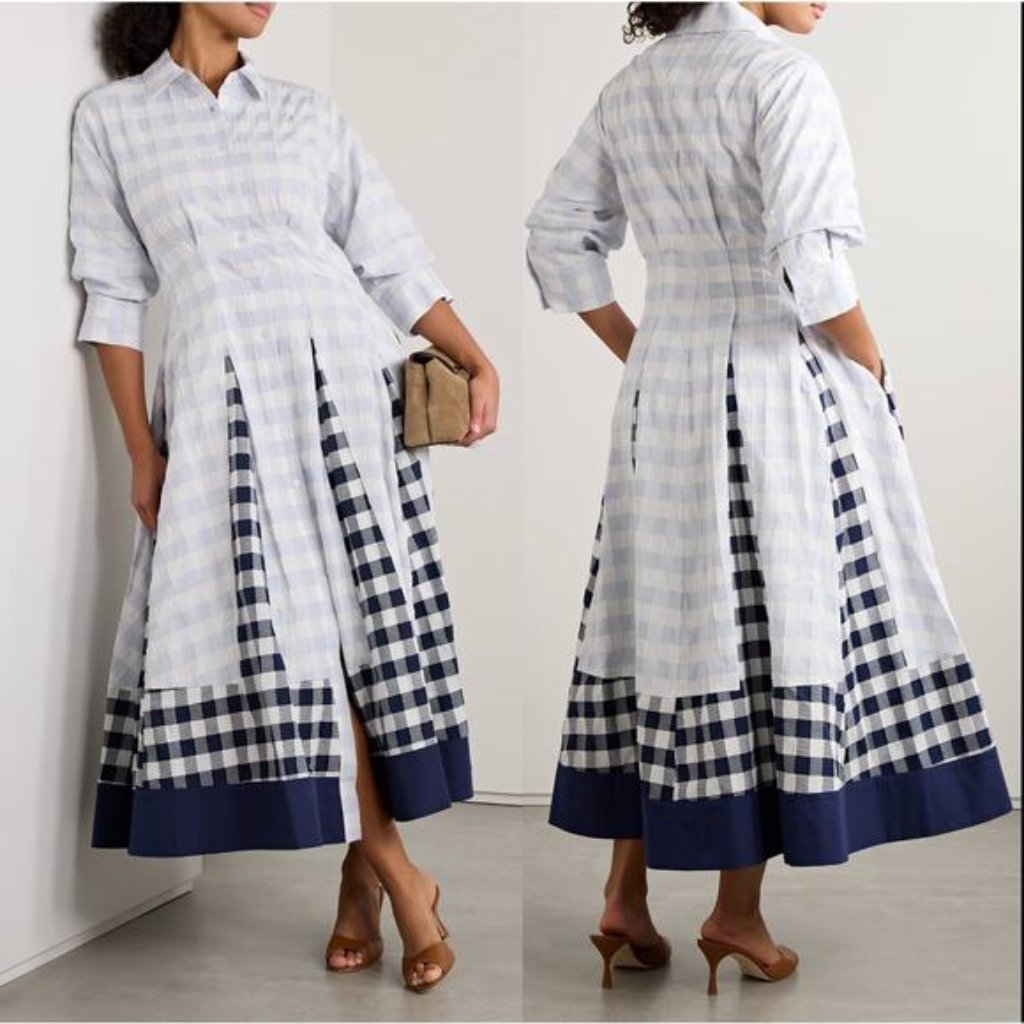 New Simkhai Jazz Frayed Paneled Checked Cotton Voile Midi Shirt Dress Size: Xs